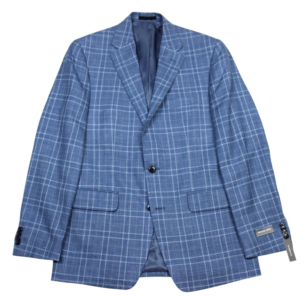 Michael Kors Blazer Mens 38 R Light Blue Plaid Wool Silk Classic Fit Sport Coat
